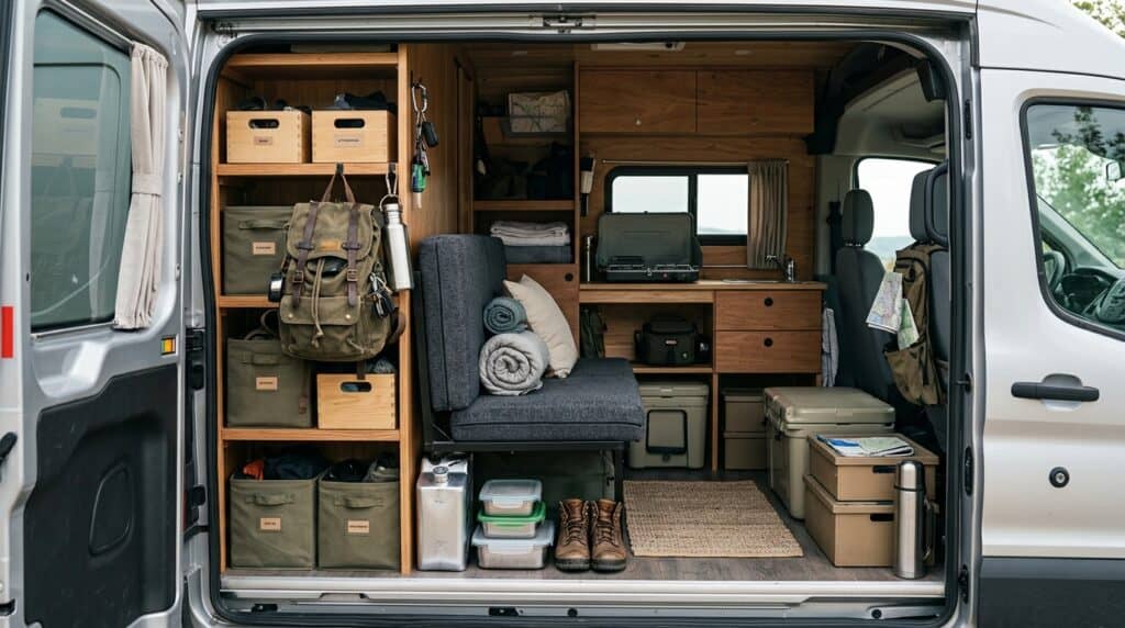 Interior organizado de una furgoneta para viajar